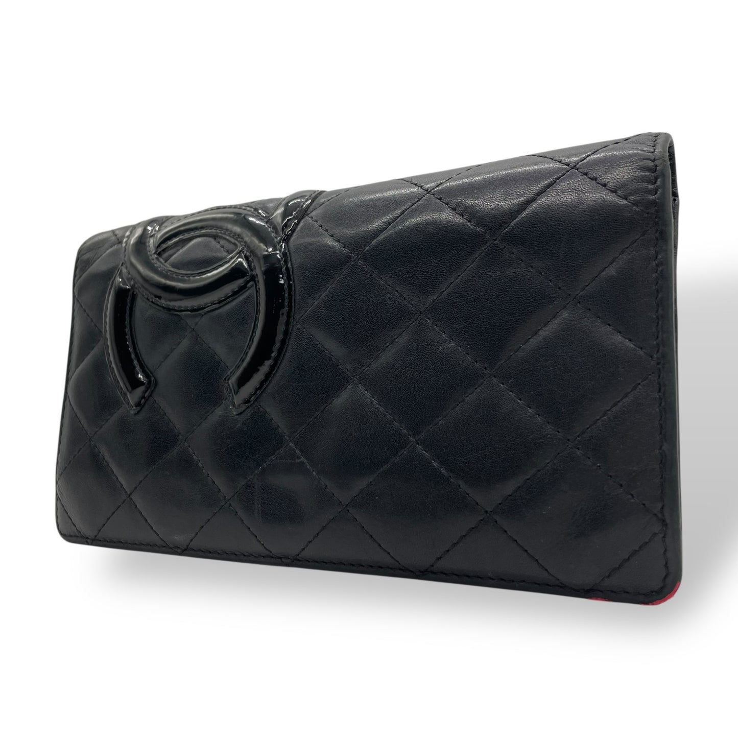 CHANEL シャネル カンボンライン ココマーク 二つ折り 長財布 黒 ブラック ピンク パテントレザー シルバー金具 レディース M5