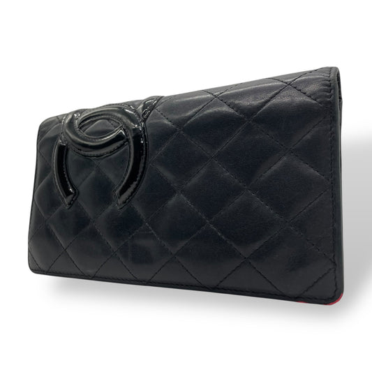 CHANEL シャネル カンボンライン ココマーク 二つ折り 長財布 黒 ブラック ピンク パテントレザー シルバー金具 レディース M5
