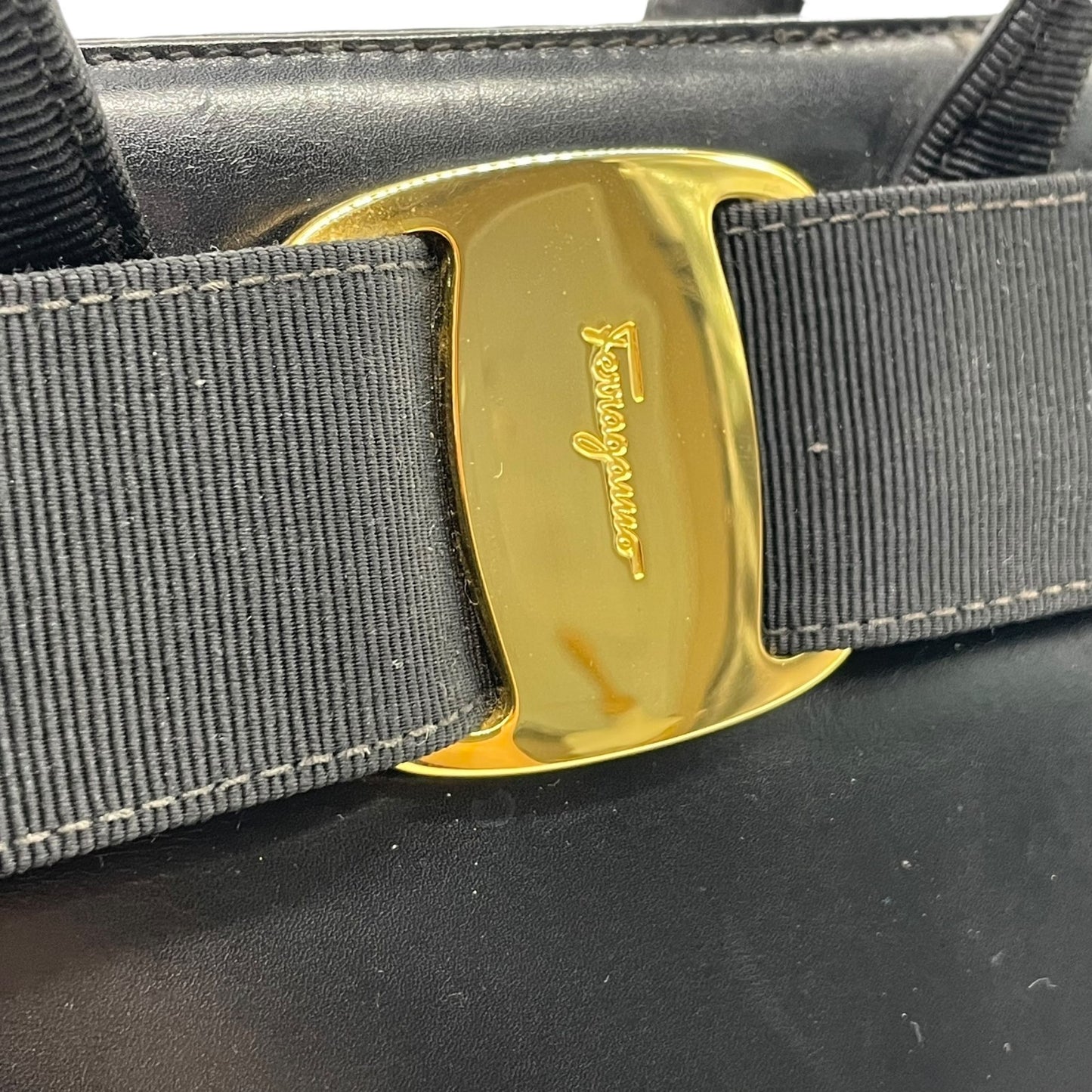 Authentic Salvatore Ferragamo Vara Ribbon Handbag Black Leather Gold Hardware