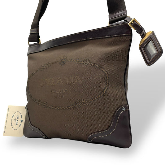 Authentic PRADA Logo Jacquard Large Logo Canvas Leather Shoulder Bag Brown Crossbody Women