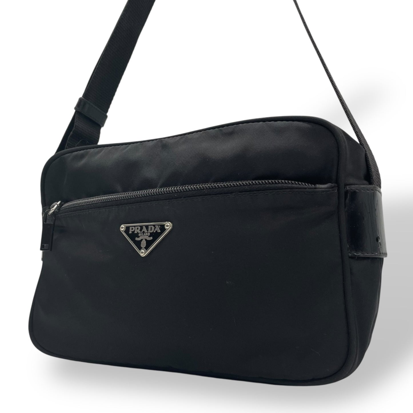 Authentic PRADA Shoulder Bag Triangle Logo Nylon Leather Black Silver Hardware BT0166