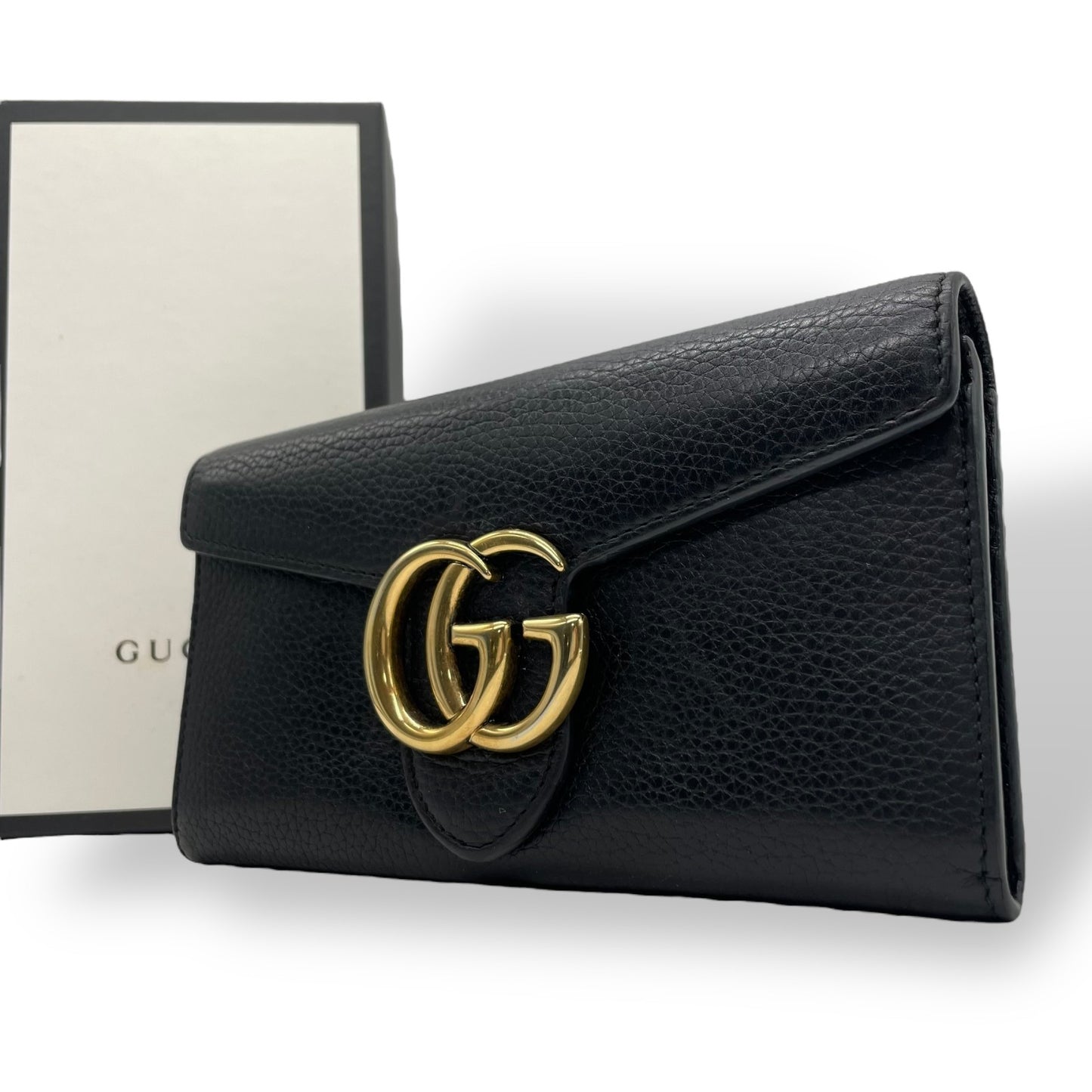 GUCCI グッチ GGマーモント 長財布 レザー 黒 ブラック ゴールド金具 箱付き レディース W2