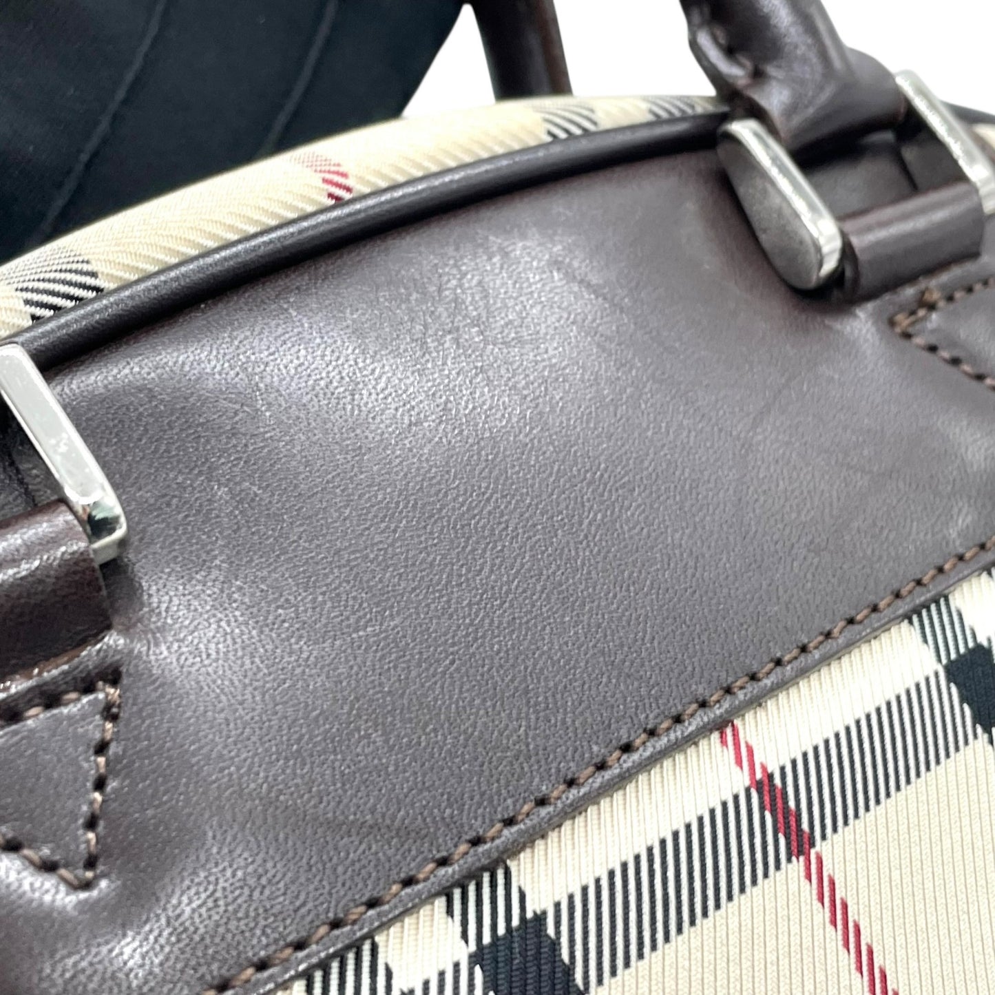 美品 BURBERRY バーバリー ノバチェック柄 ハンドバッグ ミニボストンバッグ ベージュ キャンバス×ブラウンレザー メンズ レディース ボーイズ ガールズ 旅行 ビジネス K10