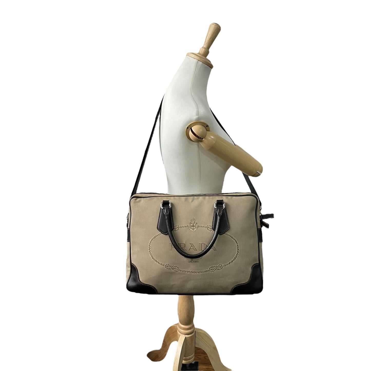 PRADA プラダ ジャガードロゴ 2WAY ビジネスバッグ ショルダーバッグ キャンバス レザー ベージュ ブラウン 南京錠 メンズ レディース Z4