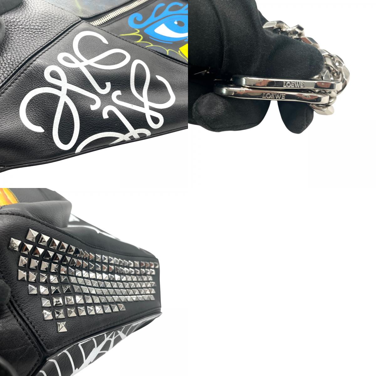 限定品 希少 極美品 LOEWE ロエベ パズルバッグ ラージ ミニボストン スタッズ アナグラム ロゴ チェーン ブラック 黒 マルチカラー メンズ レディース D