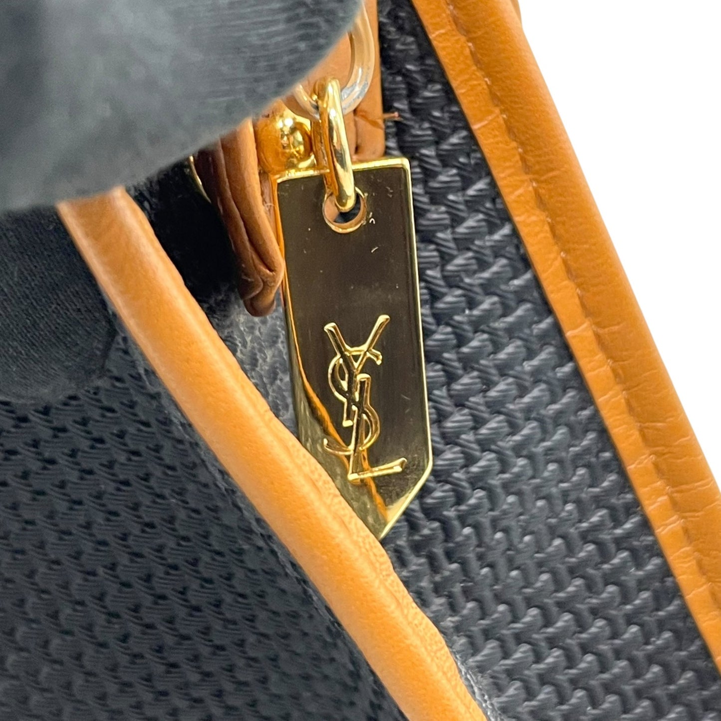 美品 Yves Saint Laurent イヴ サンローラン クラッチバッグ YSLロゴ 紺 ネイビー キャメル ブラウン PVC レザー ゴールド金具 ファスナー開閉 フラップ メンズ レディース ヴィンテージ B3