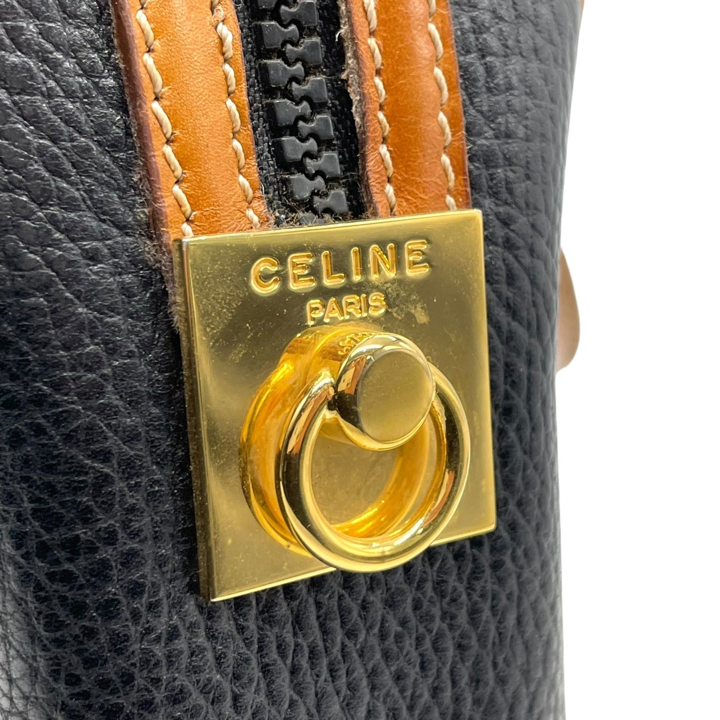 セリーヌ CELINE レザーハンドバッグ ブラック×ブラウン 黒 茶色 ゴールド金具 金金具 ボストンバッグ型 ヴィンテージ K5