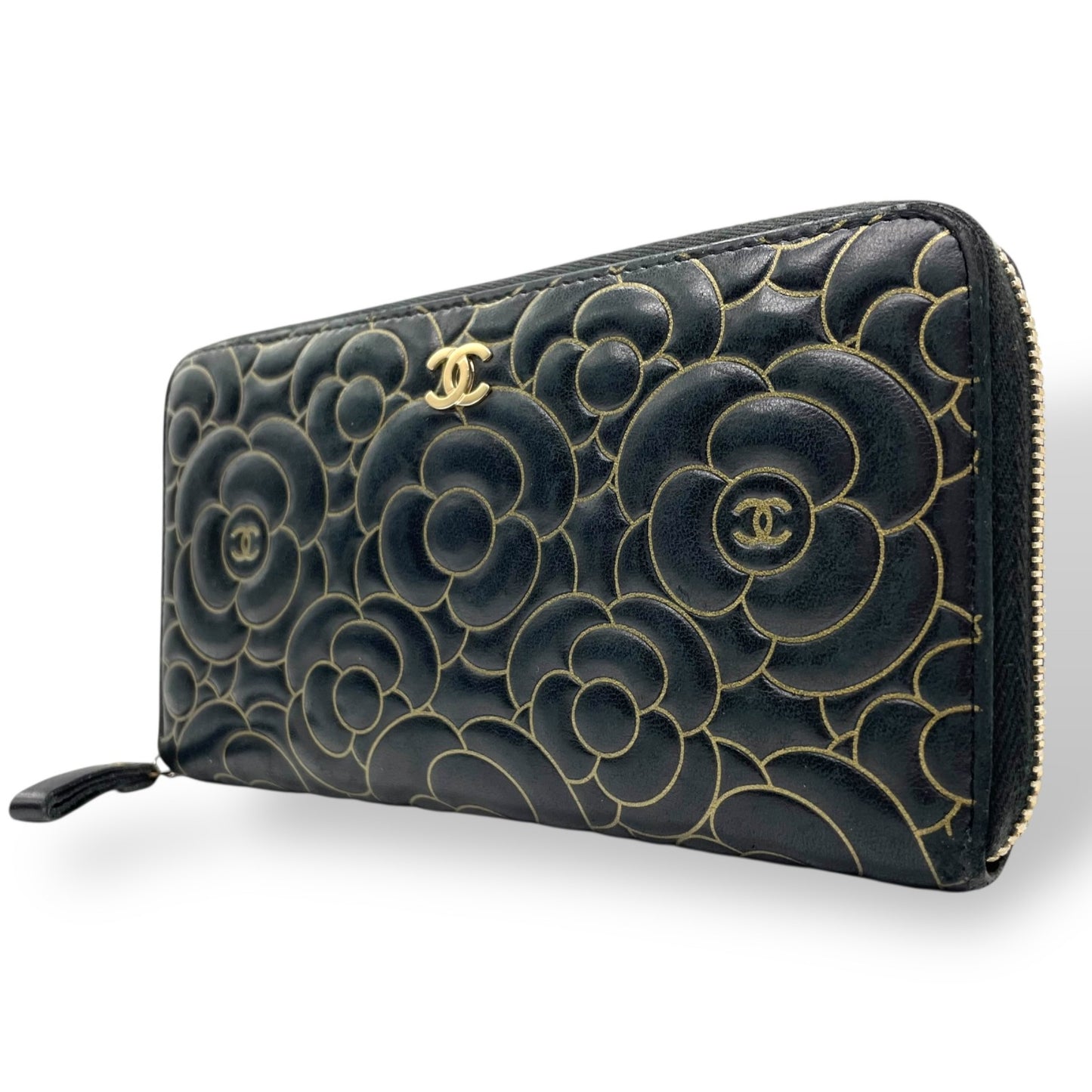 美品 シャネル CHANEL カメリア ラウンドファスナー 長財布 ブラック 黒 レザー 金 ゴールド金具 ココマーク 型押し ウォレット W6