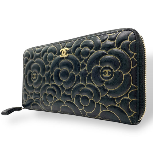 美品 シャネル CHANEL カメリア ラウンドファスナー 長財布 ブラック 黒 レザー 金 ゴールド金具 ココマーク 型押し ウォレット W6