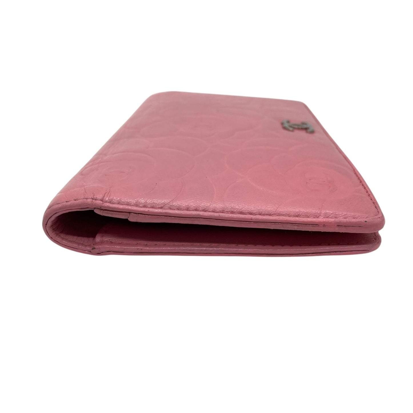 シャネル CHANEL カメリア ラムスキン 長財布 ウォレット ピンク ココマーク シルバー エンボス レディース W4