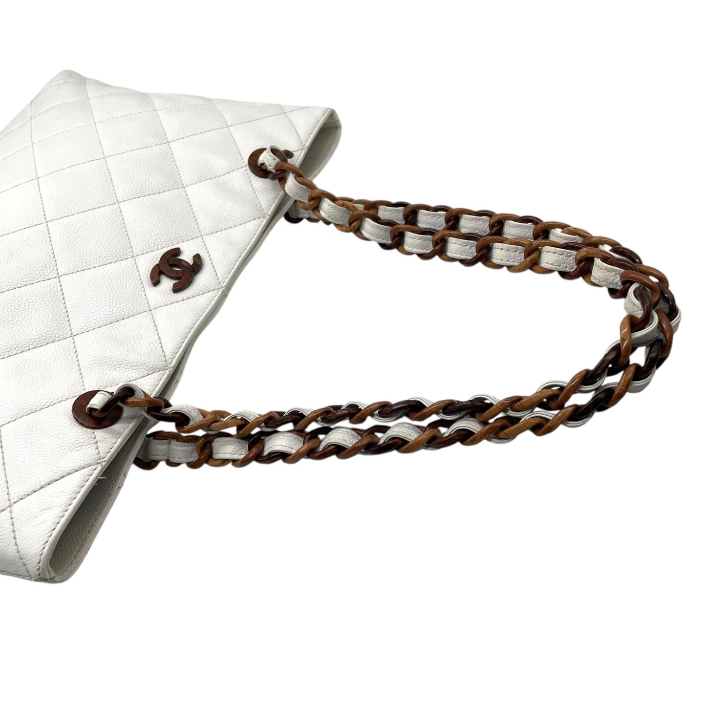 シャネル CHANEL トートバッグ キャビアスキン マトラッセ ココマーク 白 ホワイト ブラウンチェーン シルバー金具 C