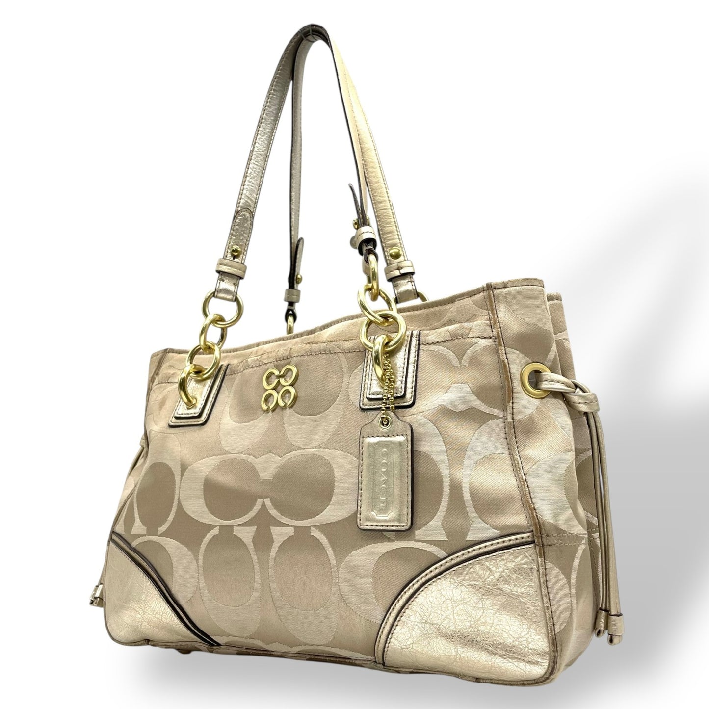 COACH コーチ トートバッグ ショルダーバッグ F16475 コレット シグネチャー キャリーオール サテン キャンバス レザー ベージュ ゴールド 肩掛け可 レディース E10