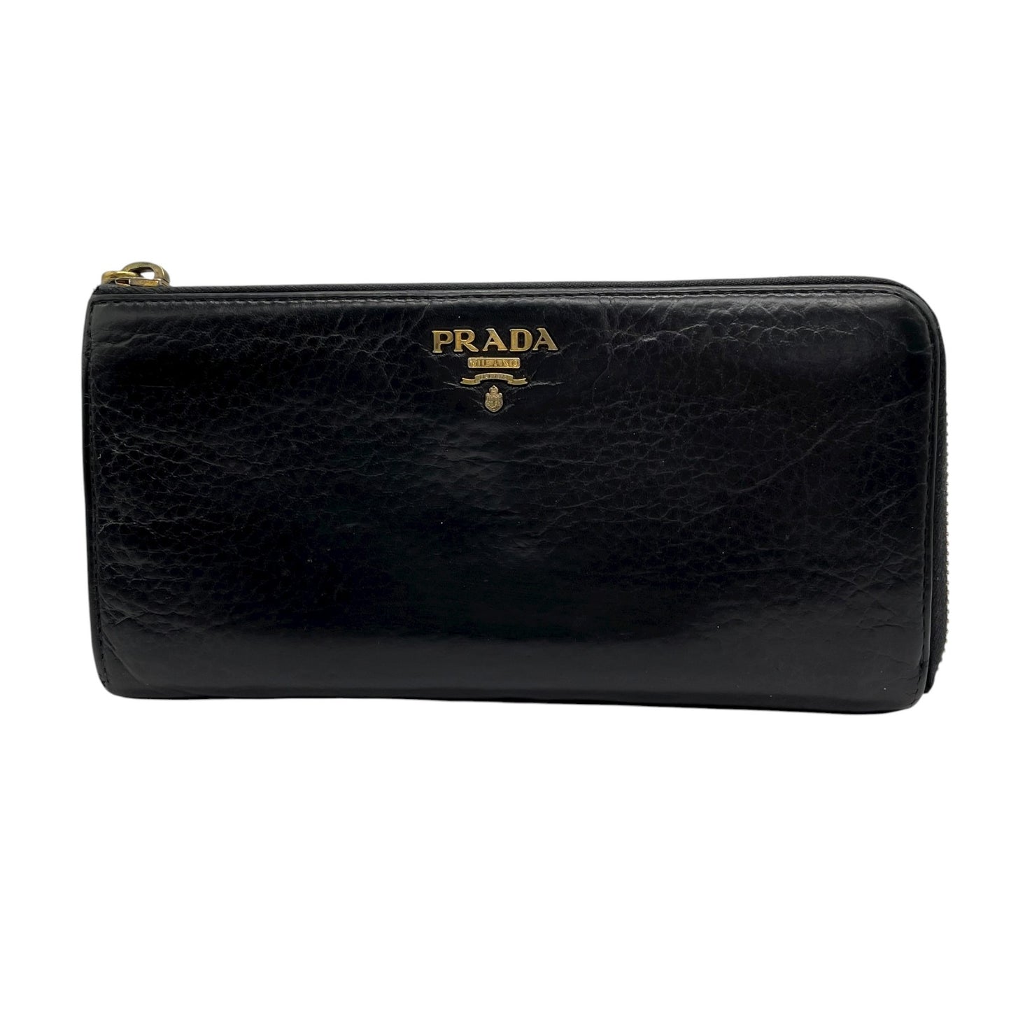 プラダ PRADA レザー ラウンドファスナー 長財布 黒 ブラック 金金具 ゴールドロゴ L字ファスナー 本革 ジップアラウンドウォレット M5