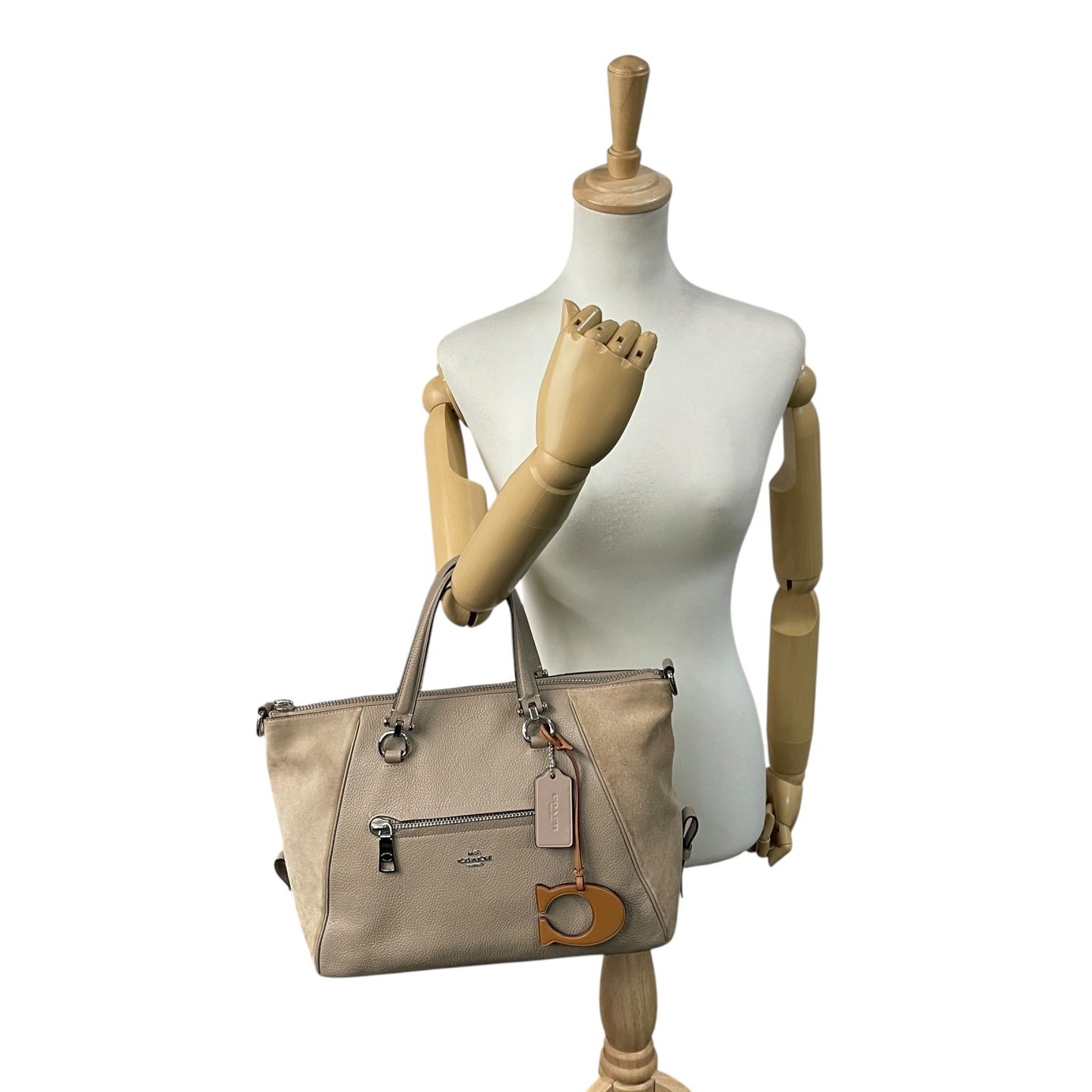 コーチ COACH Cチャーム トートバッグ ハンドバッグ スエード レザー グレー ベージュ シルバー金具 T4