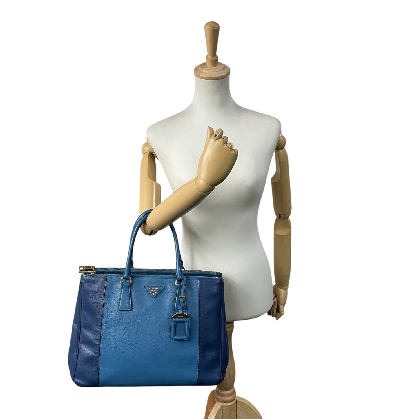 極美品 プラダ PRADA ガレリア ハンドバッグ トートバッグ 2way ショルダーバッグ サフィアーノレザー 三角ロゴ ブルー ゴールド金具 ハンドバッグ メンズ レディース A