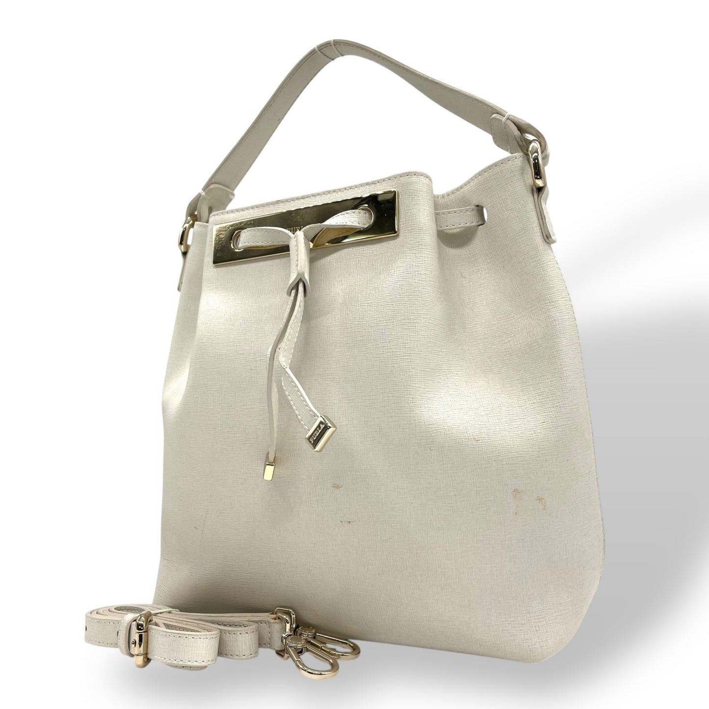 フルラ FURLA 2WAY ハンドバッグ ショルダーバッグ ホワイト 白 レザー 巾着型 ゴールド金具 手提げ 斜め掛け可 レディース T1