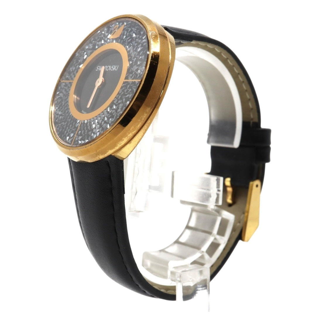 極美品 電池交換済 スワロフスキー 腕時計 5045371 レディース クオーツ ゴールド ブラックレザーベルト クリスタル アナログ ドレスウォッチ エレガント ラグジュアリー スワンロゴ スイス製 クリーニング済み G3