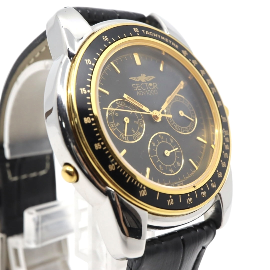 美品 電池交換済 新品ベルト セクター SECTOR ADV1000 腕時計 メンズウォッチ クロノグラフ タキメーター クォーツ ブラック文字盤 シルバー ゴールド ステンレス レザーベルト アナログ スポーツウォッチ 稼働品 G3