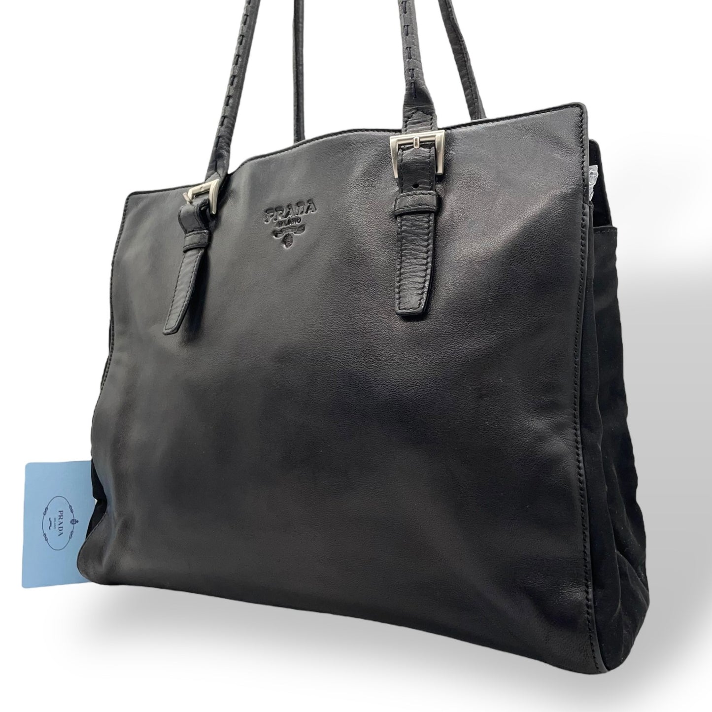 PRADA プラダ トートバッグ ワンショルダーバッグ 黒 ブラック NERO オールレザー シルバー金具 B5339 型押しロゴ 肩掛け可 ファスナー開閉 レディース D7