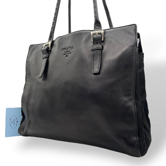 PRADA プラダ トートバッグ ワンショルダーバッグ 黒 ブラック NERO オールレザー シルバー金具 B5339 型押しロゴ 肩掛け可 ファスナー開閉 レディース D7