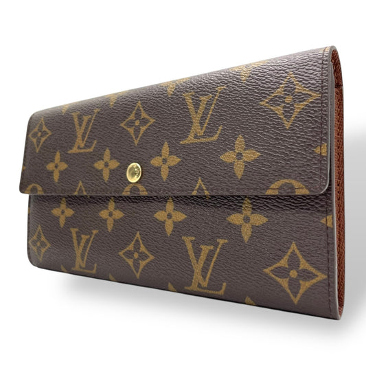 ルイ・ヴィトン LOUIS VUITTON LV モノグラム ポルトフォイユ サラ 長財布 M61734 シリアル刻印 フラップ 茶色 ブラウン 金金具 ゴールド ロゴ金具 W1