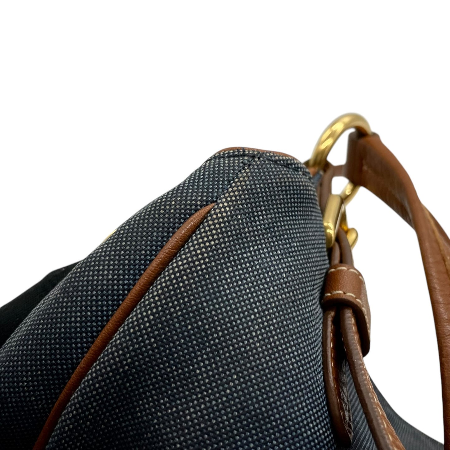 美品 PRADA プラダ ロゴ ジャガード トートバッグ ショルダー デニム レザー ブルー ブラウン ゴールド金具 D5