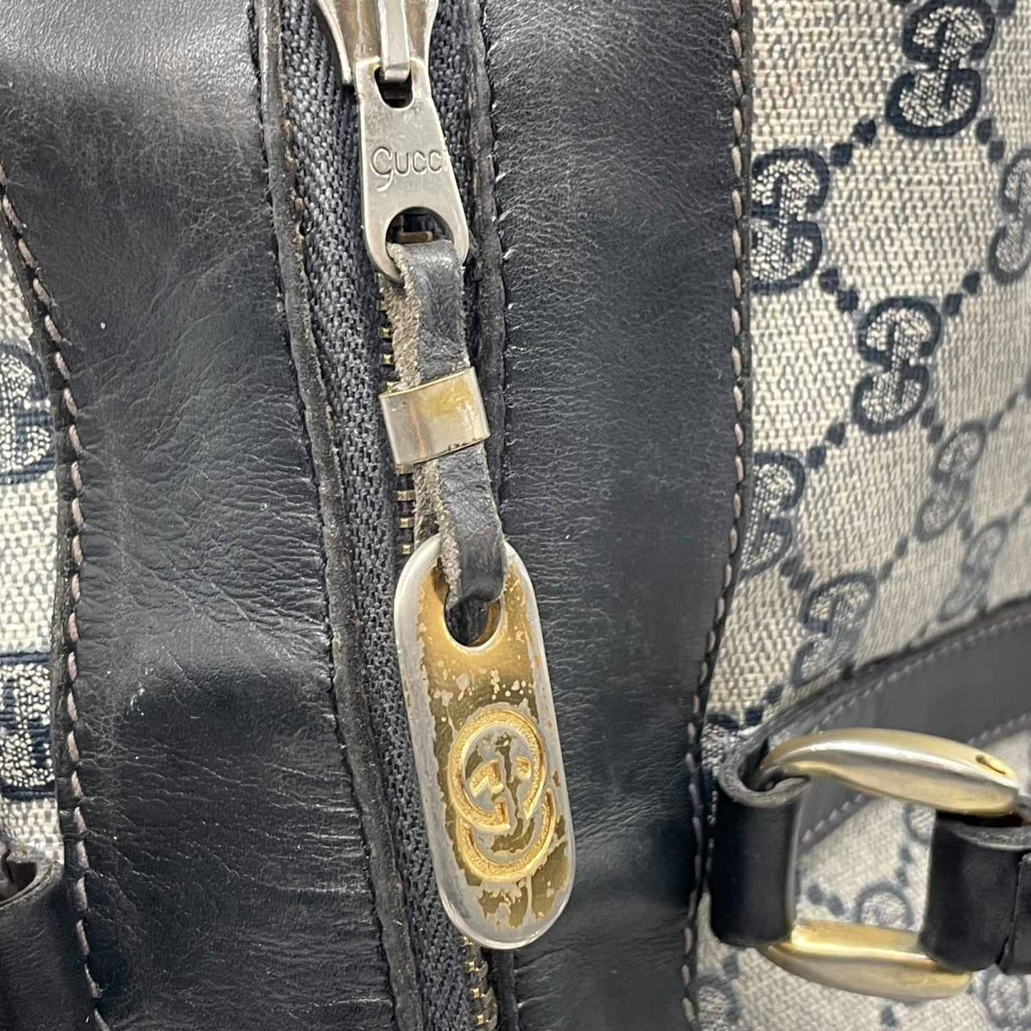 Authentic GUCCI GG Supreme Boston Bag Gray Navy PVC Leather Gold Hardware Vintage Women's Handbag GG Pattern
