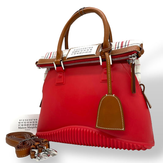 Excellent Authentic Maison Margiela 5AC 2WAY Handbag Mini Bag Red Leather Canvas Checkered SB3WG0009 Crossbody Padlock