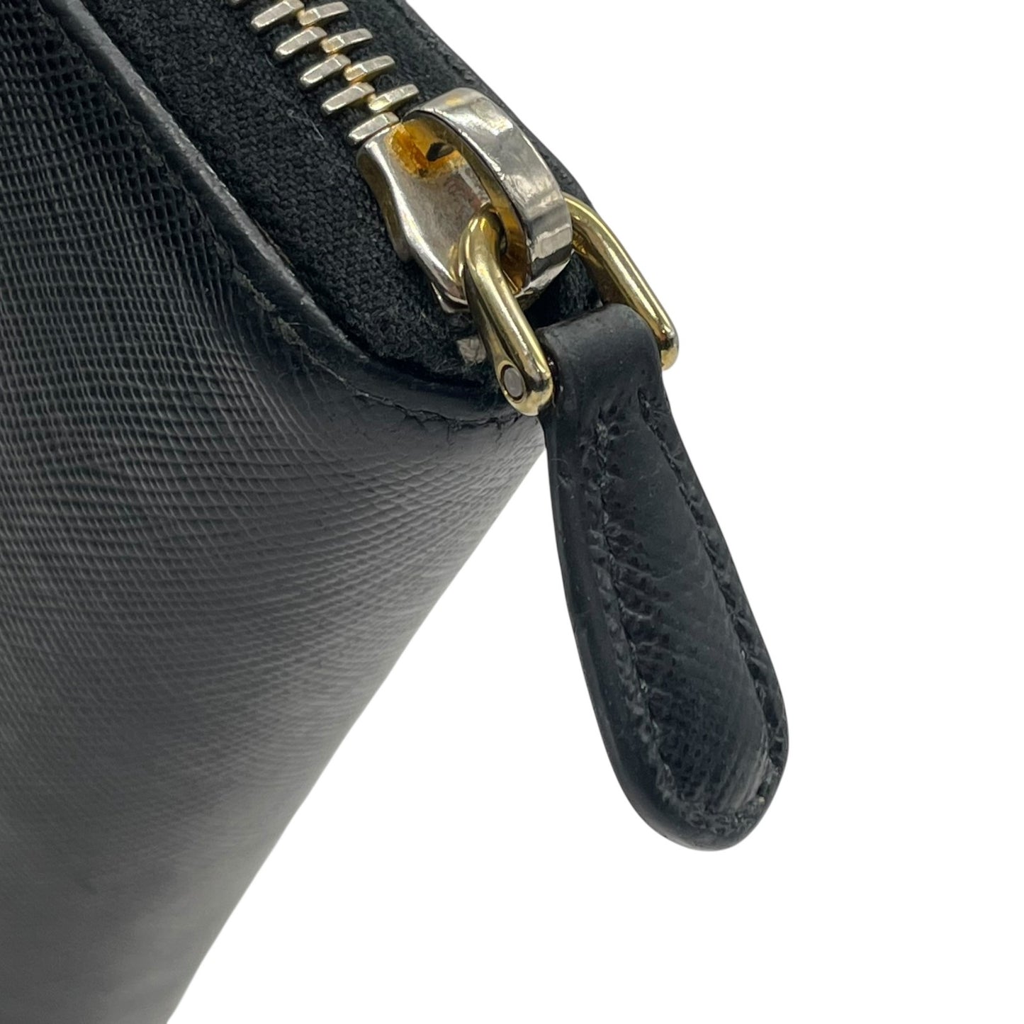 Authentic PRADA Saffiano Leather Long Wallet Black Round Zipper Logo Gold Hardware Women's