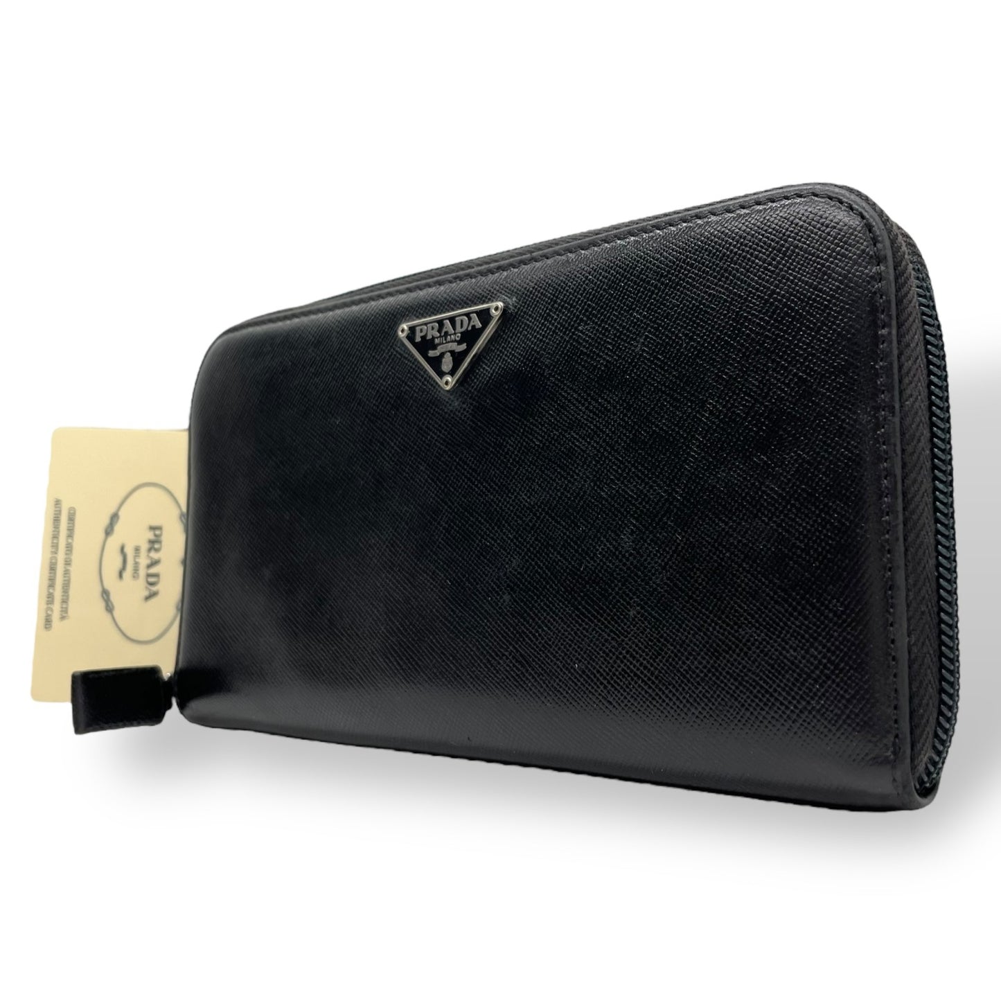 PRADA プラダ 三角プレートロゴ 長財布 ラウンドジップ サフィアーノ レザー トライアングルロゴ 黒 ブラック シルバー金具 メンズ レディース ギャランティカード付き H1