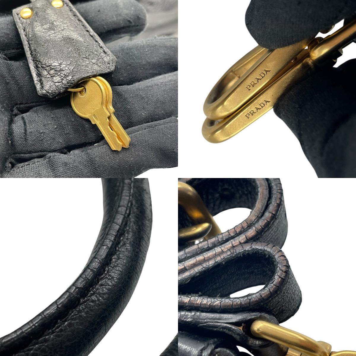 Authentic PRADA 2WAY Handbag Shoulder Black NERO Leather Gold Hardware Logo