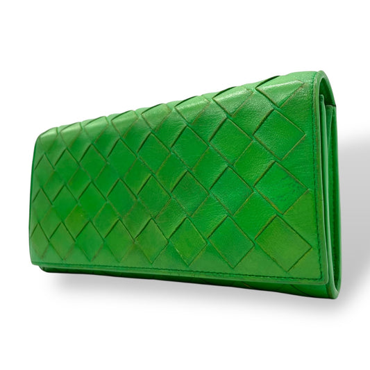 Authentic BOTTEGA VENETA Intrecciato Flap Long Wallet Parakeet Green Leather 666935