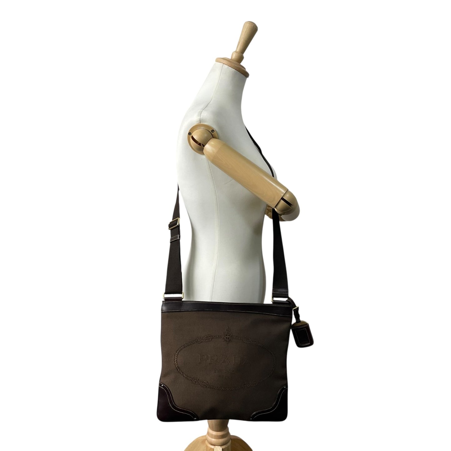 Authentic PRADA Logo Jacquard Large Logo Canvas Leather Shoulder Bag Brown Crossbody Women