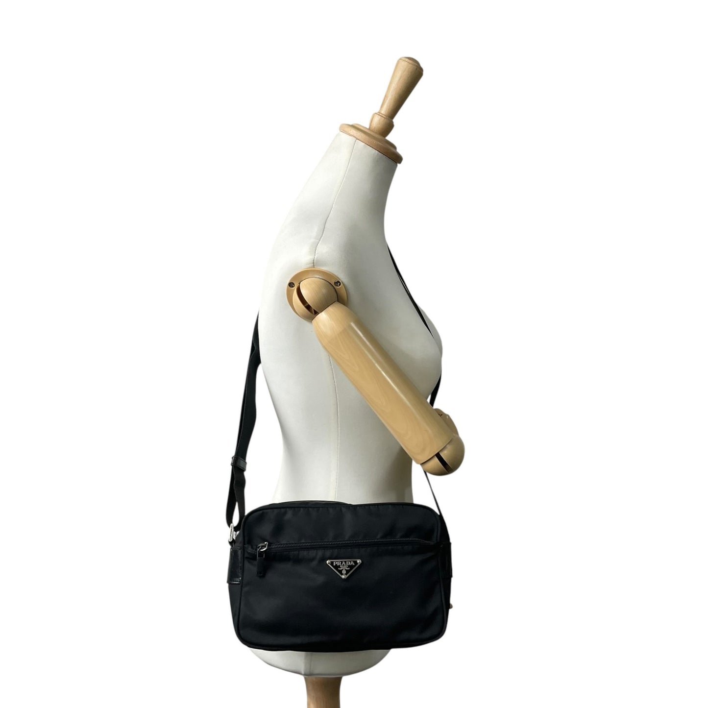 Authentic PRADA Shoulder Bag Triangle Logo Nylon Leather Black Silver Hardware BT0166