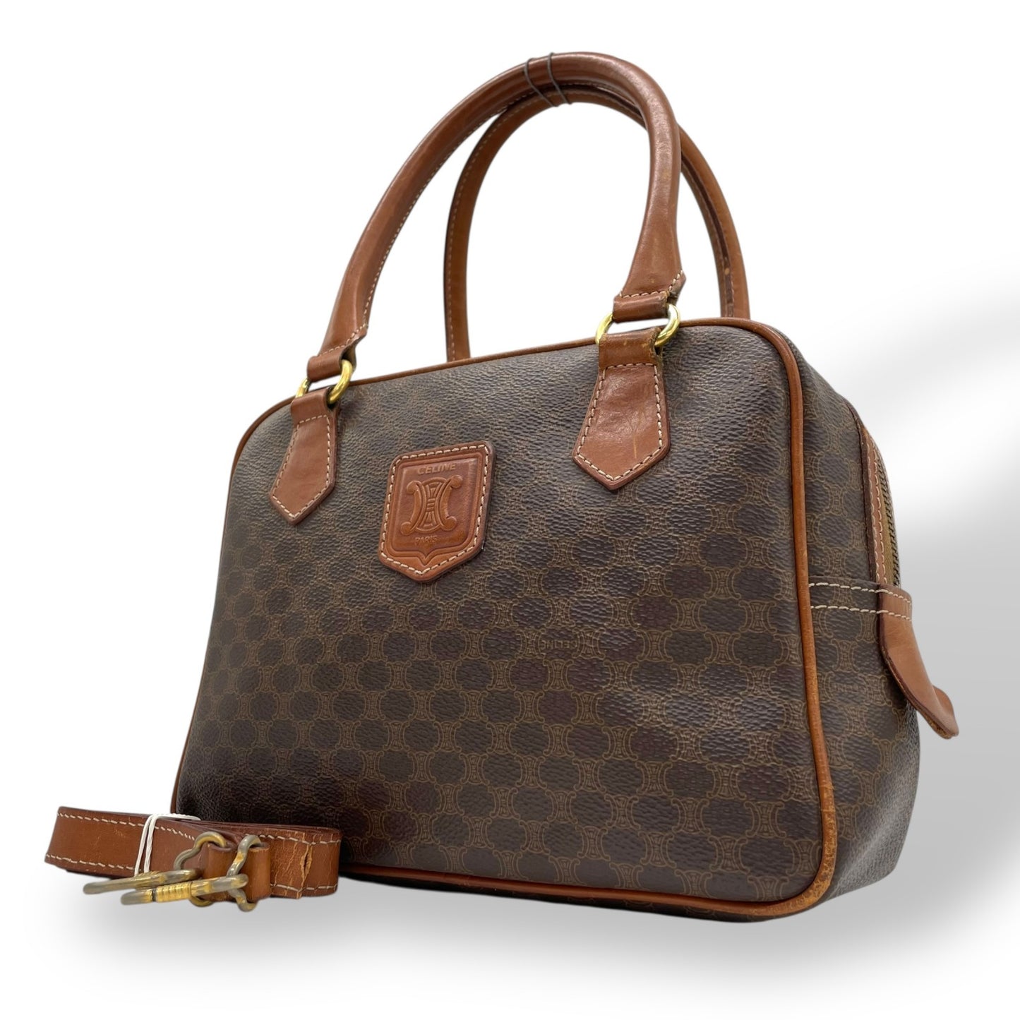 CELINE セリーヌ マカダム 2WAY ハンドバッグ ショルダーバッグ PVC レザー 茶 ブラウン ゴールド金具 斜め掛け可 レディース ヴィンテージ D3