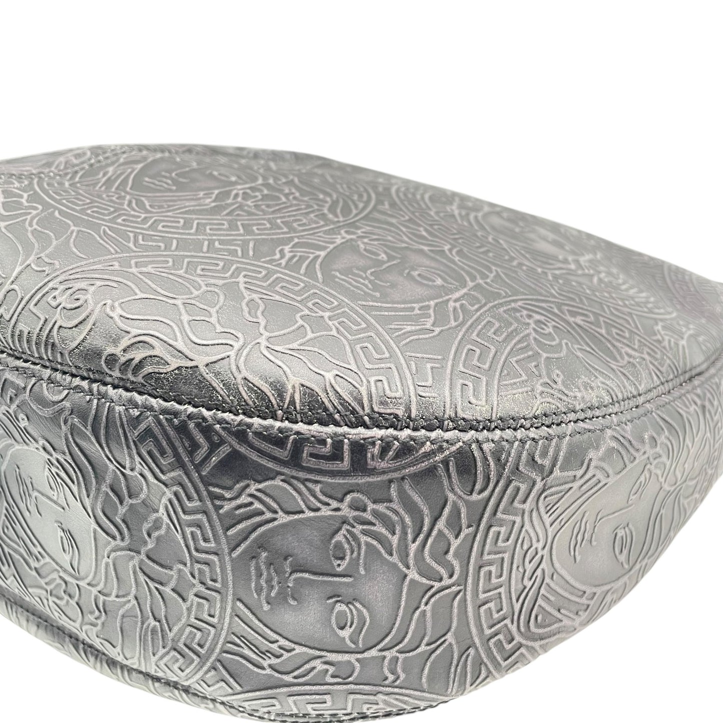 希少 VERSACE ヴェルサーチ メデューサ ワンショルダー ハンドバッグ 黒 ブラック ダークグレー レザー ゴールド金具 総柄 ホーボー 肩掛け可 レディース C4