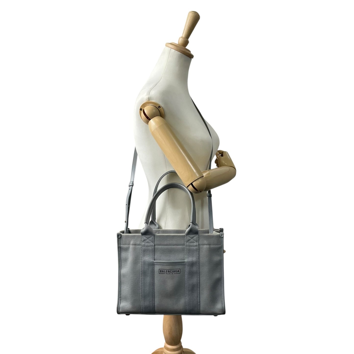 BALENCIAGA バレンシアガ ハードウェア スモール トートバッグ 2way ショルダーバッグ グレー キャンバス レザー ゴールド金具 ロゴ 671402 斜め掛け可 レディース B