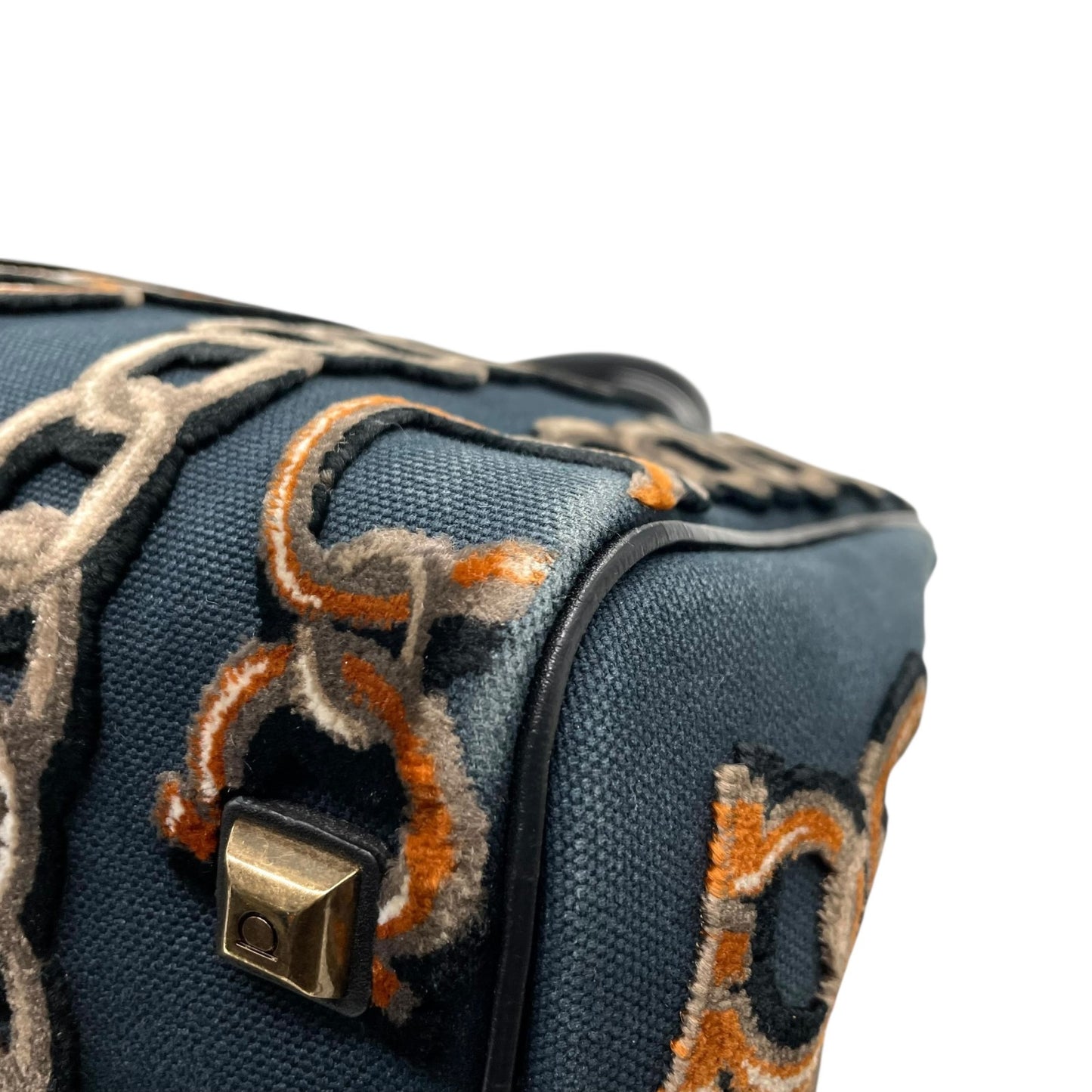 美品 Salvatore Ferragamo サルヴァトーレ フェラガモ ガンチーニ チェーン柄 ハンドバッグ 紺 ネイビー 黒 ブラック キャンバス レザー ゴールド金具 レディース B