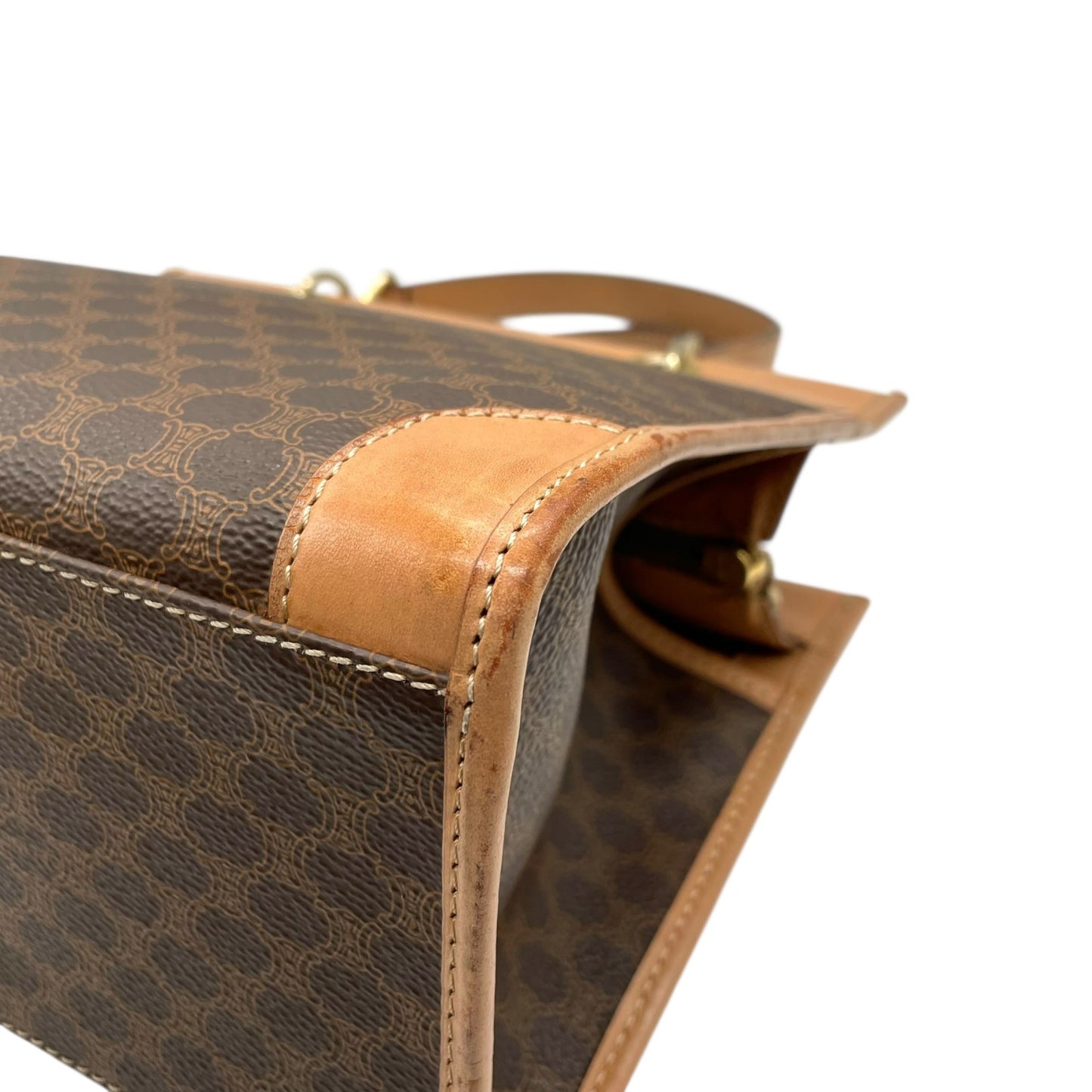 CELINE セリーヌ マカダム柄 ハンドバッグ ミニトート 茶 ブラウン PVC レザー ゴールド金具 手提げ ヴィンテージ オールドセリーヌ レディース E