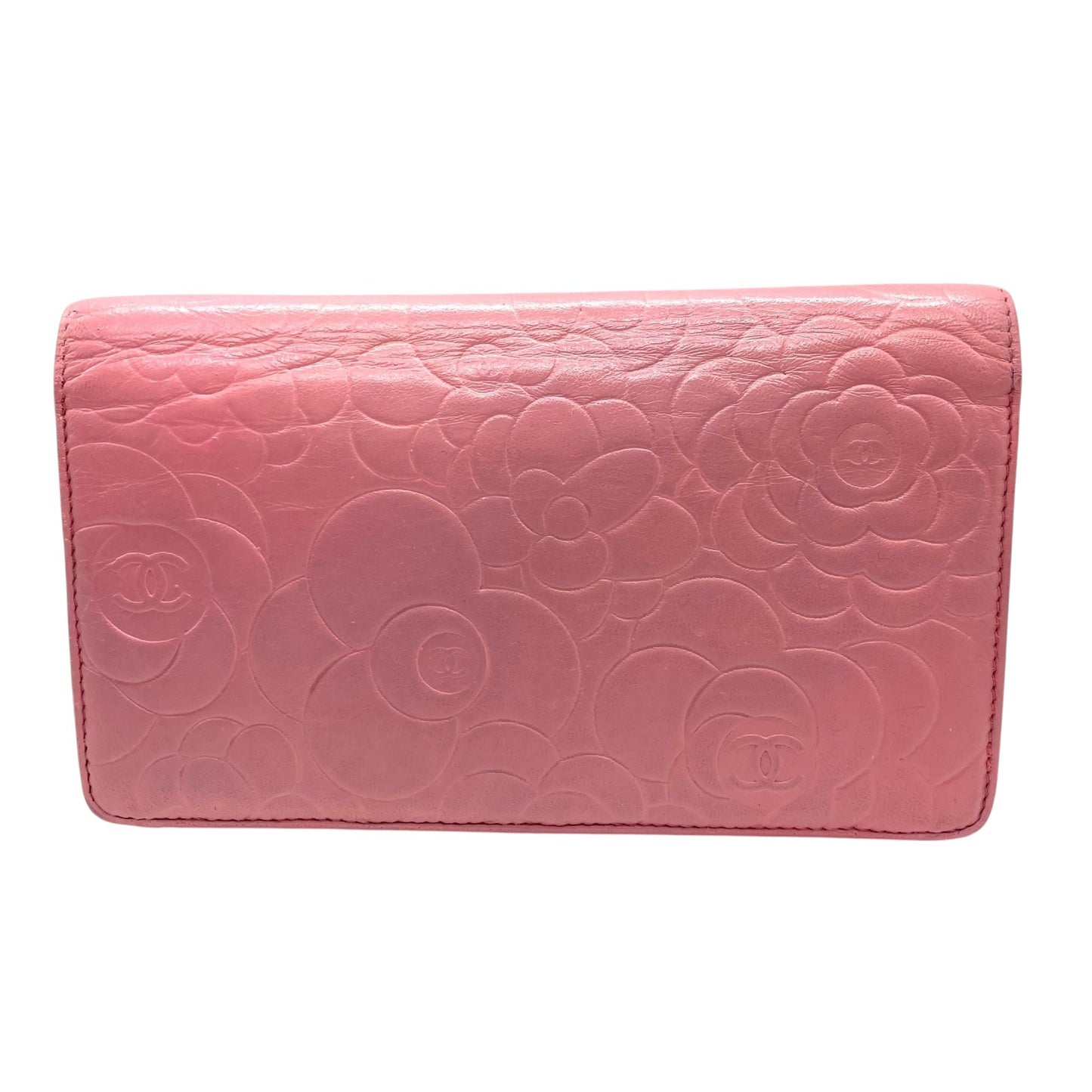 シャネル CHANEL カメリア ラムスキン 長財布 ウォレット ピンク ココマーク シルバー エンボス レディース W4