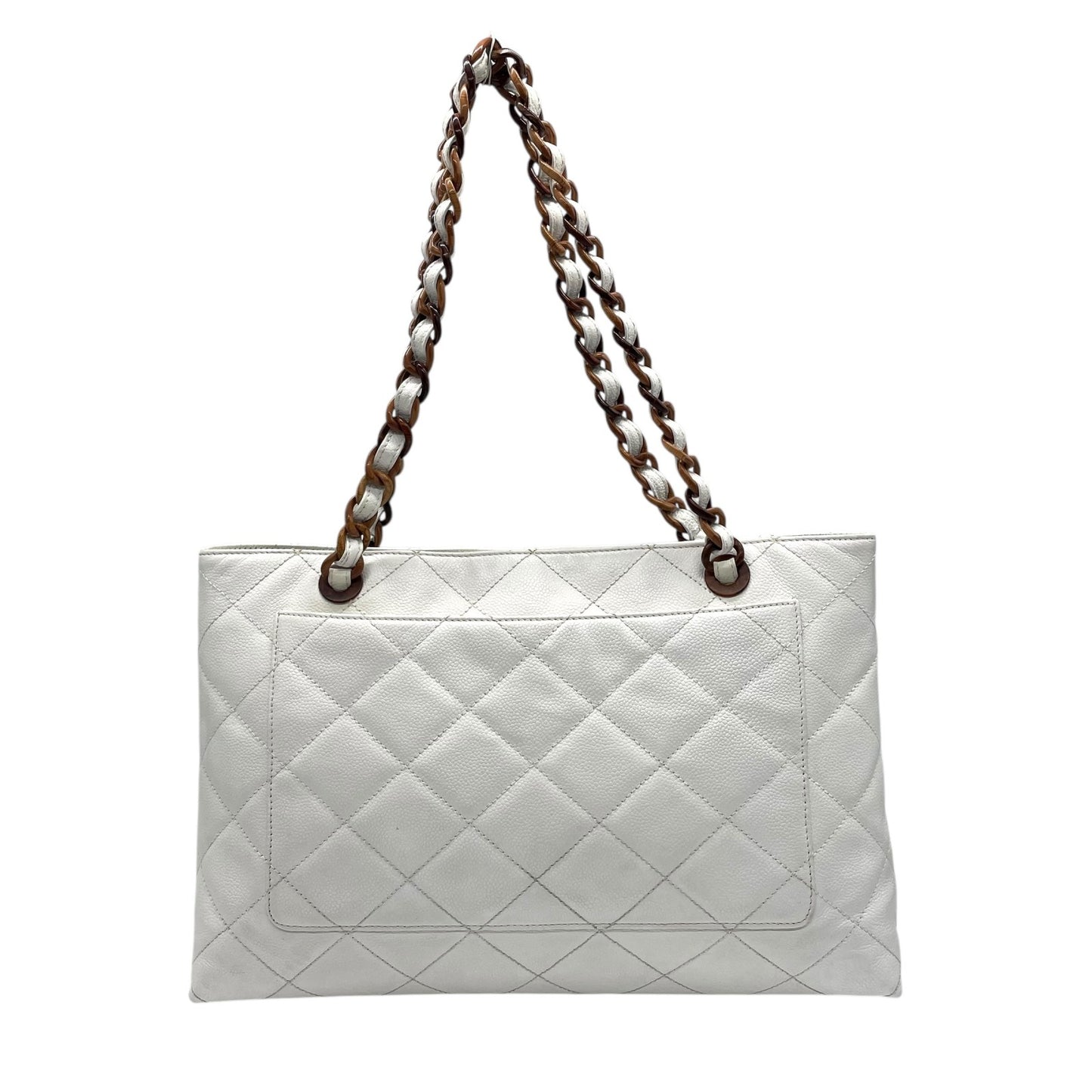 シャネル CHANEL トートバッグ キャビアスキン マトラッセ ココマーク 白 ホワイト ブラウンチェーン シルバー金具 C