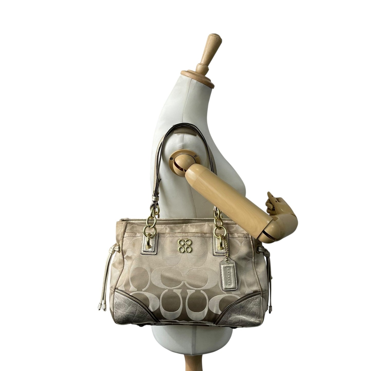 COACH コーチ トートバッグ ショルダーバッグ F16475 コレット シグネチャー キャリーオール サテン キャンバス レザー ベージュ ゴールド 肩掛け可 レディース E10