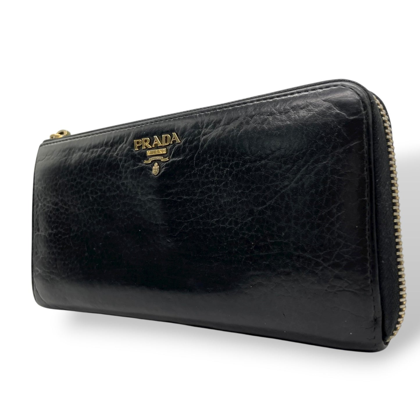 プラダ PRADA レザー ラウンドファスナー 長財布 黒 ブラック 金金具 ゴールドロゴ L字ファスナー 本革 ジップアラウンドウォレット M5