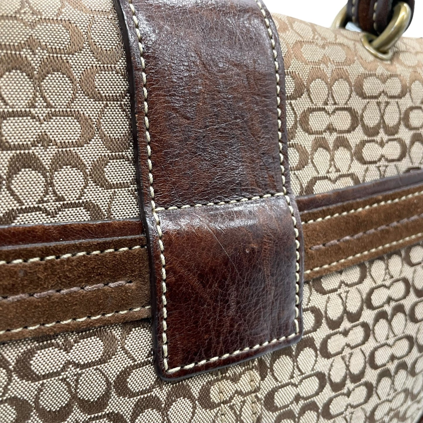 コーチ COACH シグネチャー スエード レザー ハンドバッグ 7078 茶色 ブラウン ゴールド金具 金金具 チャーム付き E10