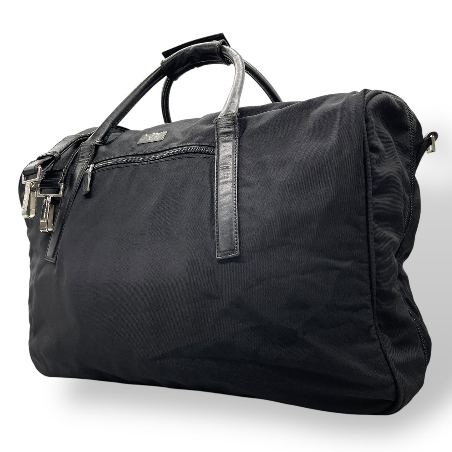 グッチ GUCCI ボストンバッグ ショルダーバッグ ブラック 黒 2way ナイロン レザー 大容量 トラベルバッグ ビジネスバッグ 斜め掛け可 ロゴ シルバー金具 メンズ X