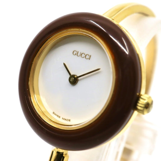 【美品/電池交換済】グッチ GUCCI チェンジベゼル 11/12.2 腕時計 レディースウォッチ クオーツ バングルウォッチ ゴールド ホワイト文字盤 ヴィンテージ アンティーク クラシック エレガント 人気モデル ブラウンベゼル クリーニング済み G3