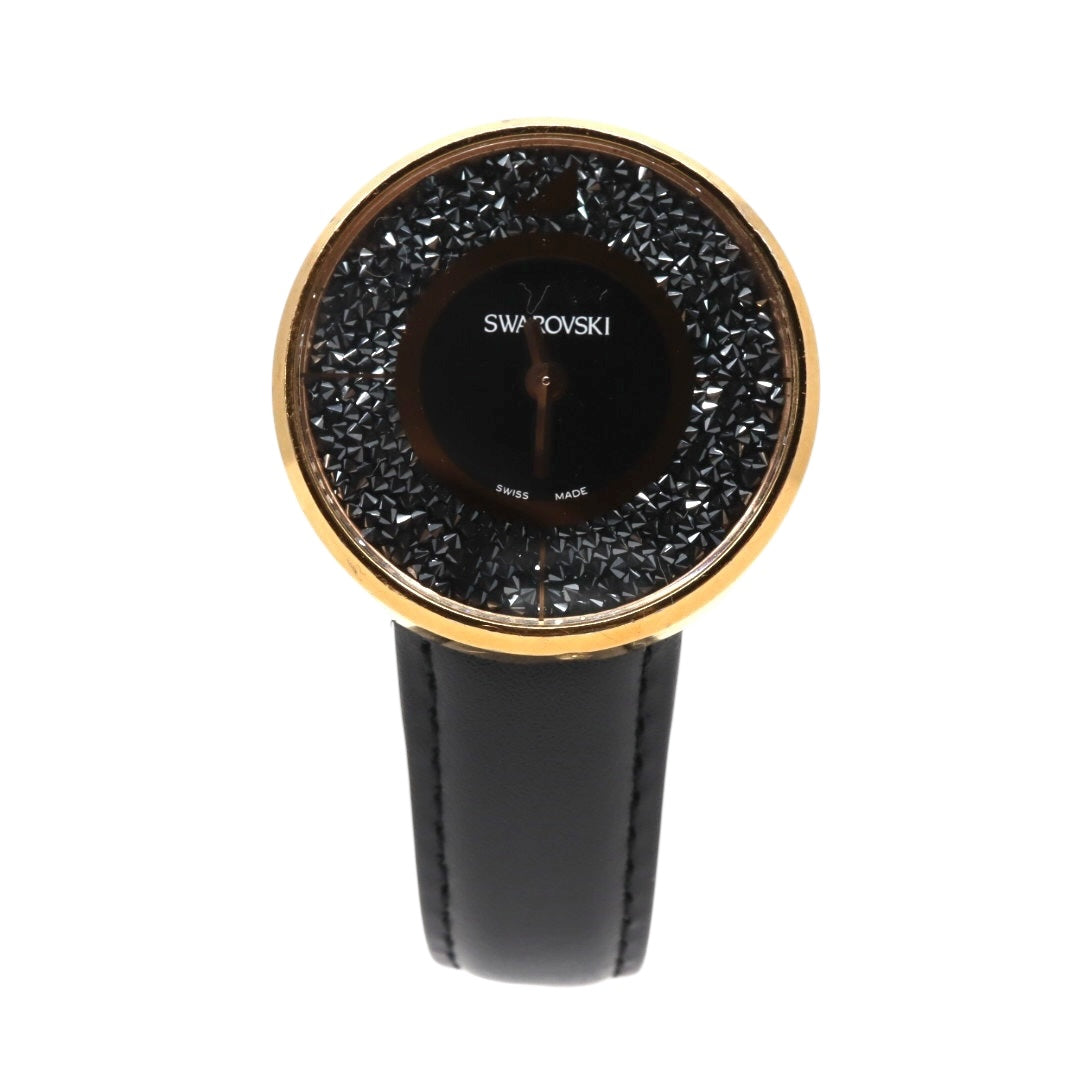 極美品 電池交換済 スワロフスキー 腕時計 5045371 レディース クオーツ ゴールド ブラックレザーベルト クリスタル アナログ ドレスウォッチ エレガント ラグジュアリー スワンロゴ スイス製 クリーニング済み G3