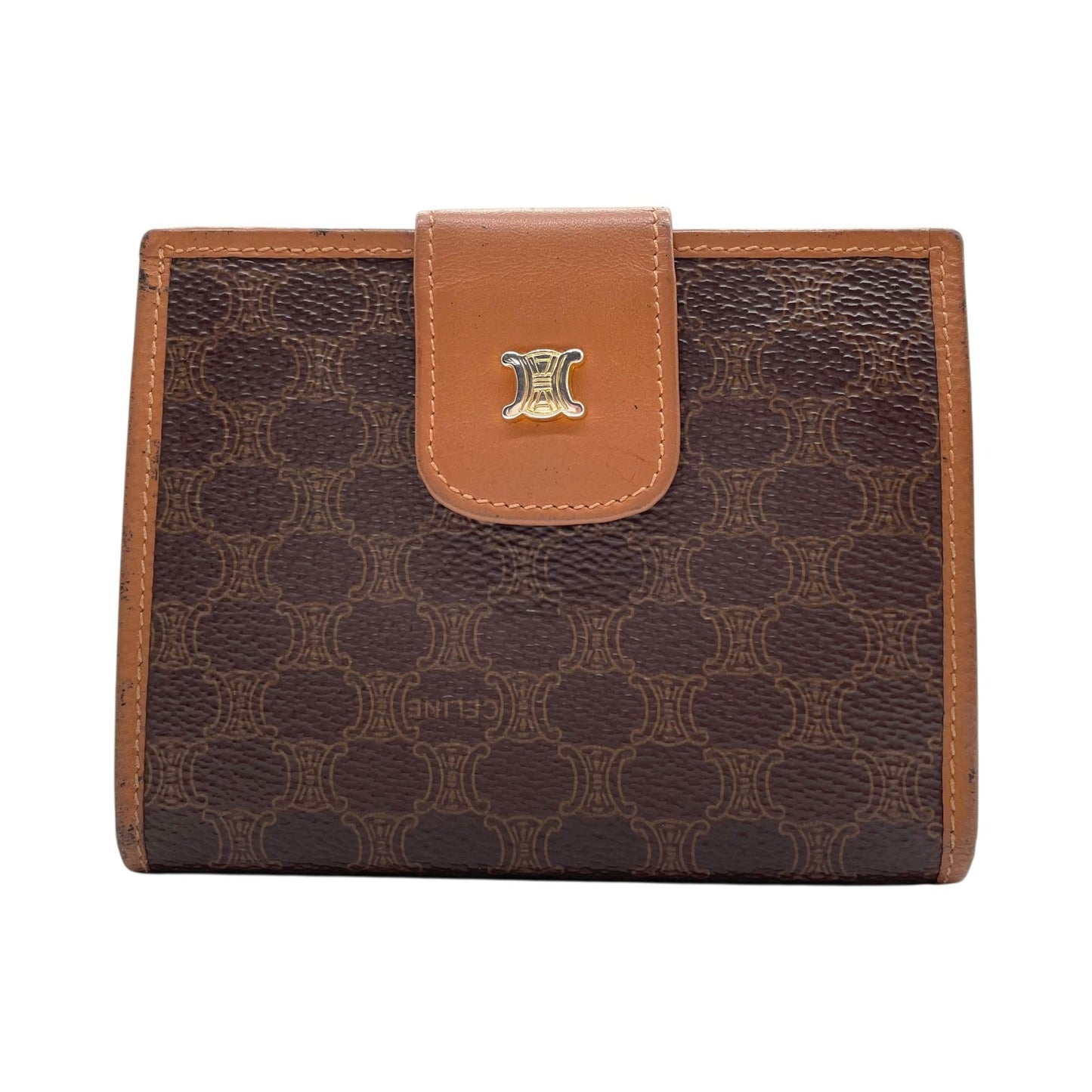 セリーヌ CELINE 二つ折り財布 マカダム トリオンフキャンバス ブラウン ベージュ コンパクトウォレット ゴールド金具 W4