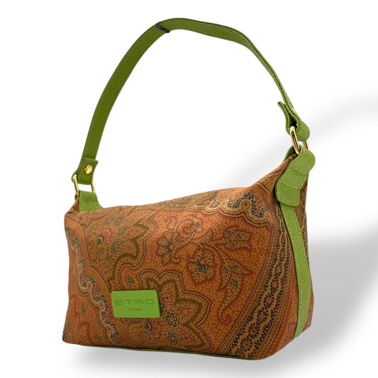 【未使用級】ETRO エトロ ハンドバッグ ミニバッグ アクセサリーポーチ ペイズリー柄 ブラウン グリーン ファブリック レザー ゴールド金具 レディース K11