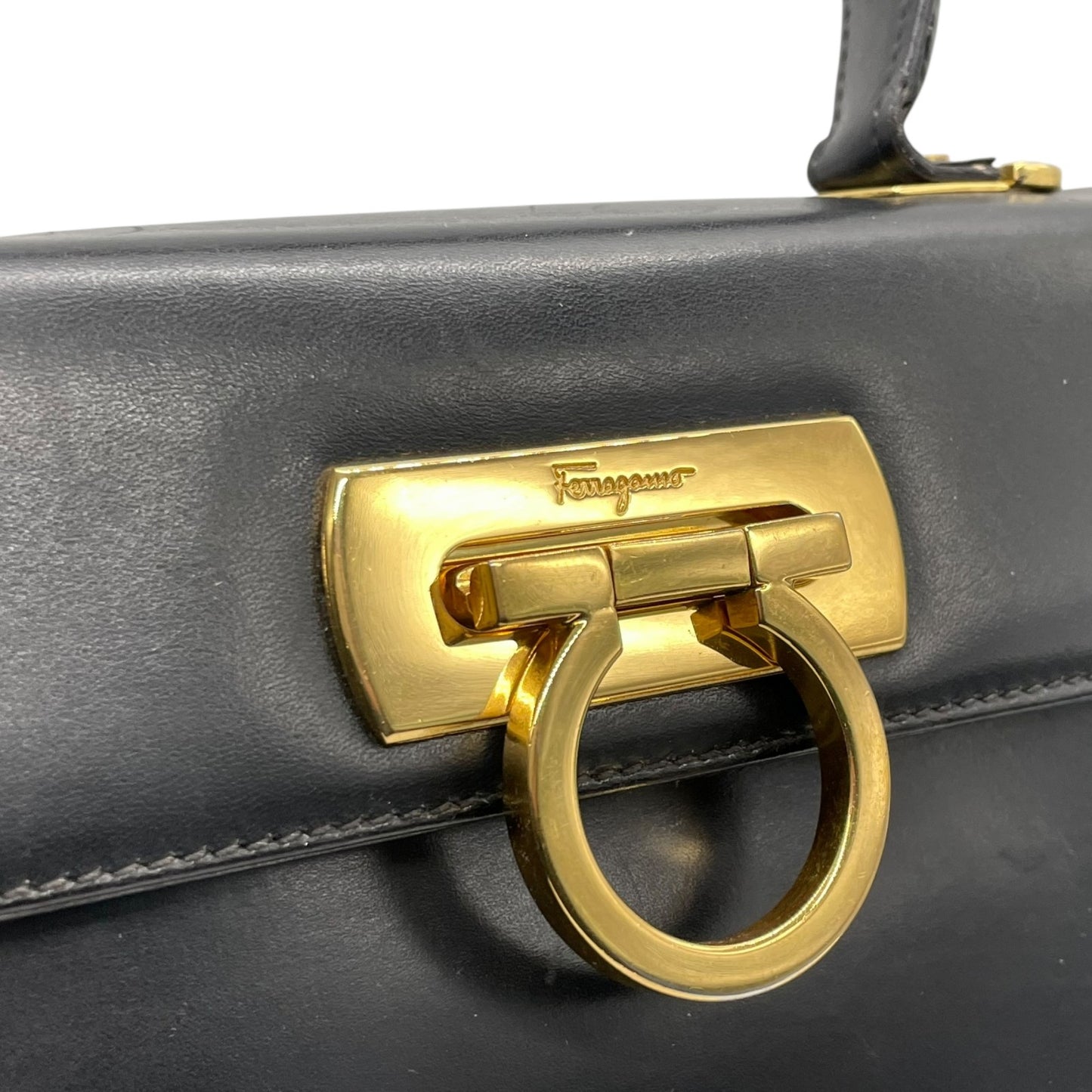 Salvatore Ferragamo フェラガモ ガンチーニ ハンドバッグ カーフレザー ブラック ゴールド金具 ヴィンテージ フォーマル A